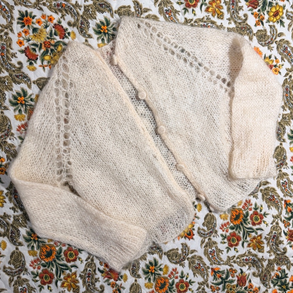 Vintage 60s Handmade Mohair Open Knit Cardigan Cream Pointelle Button Front
